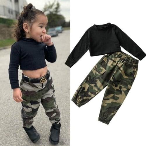 1-6Y Kids Girl Solid Color Long Sleeve Crop Tops + Camouflage Pocket Pants Outfits 2021 Autumn Baby Clothes Set 1-6Years