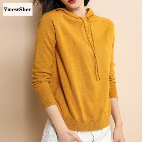 VmewSher Autumn Hooded Polluver Knitted Sweater Women Casual Fashion Loose Sweatshirt 2021 Winter Solid Soft Base Knitted Tops