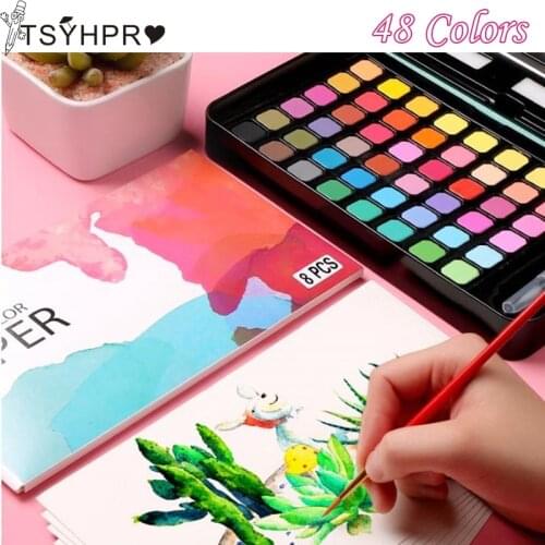 48 Colors Solid Watercolor Paints Professional Watercolors with Watercolor Brushes Gouache Paint Art Supplies