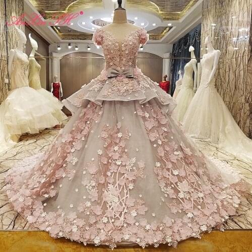 AnXin SH Luxury princess o neck beading crystal pearls illusion pink flower grey lace bow wedding dress 100% real photos