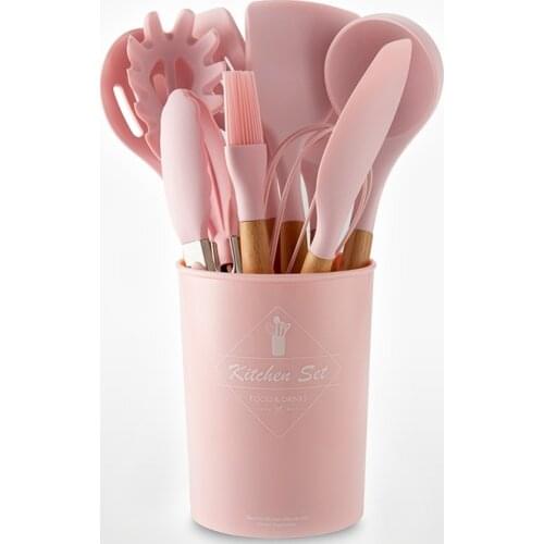 Silicone Kitchenware 12pcs /set Utensils sets with wooden handle Pink Pasta Forks+ Scoop+Spatulas+Tongs+Cooking Shovel