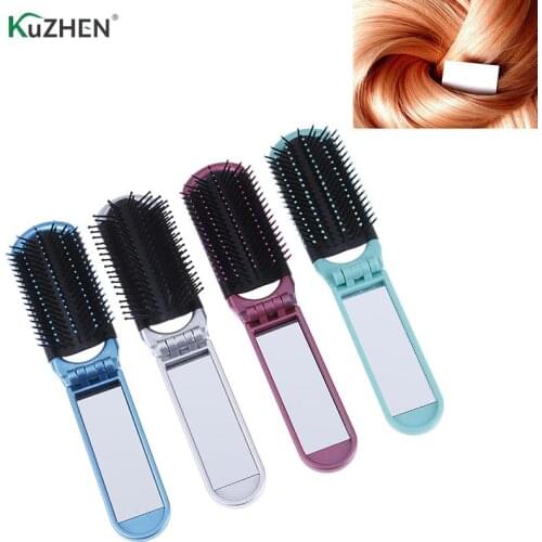 Folding Hair Brush With Mirror Compact Pocket Size Travel Car Purse Bag Gift
