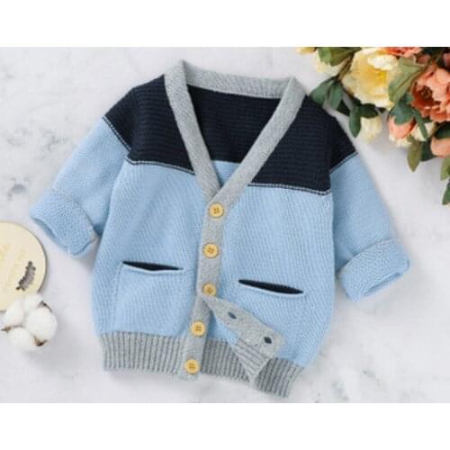 Newborn Infant Baby Boys Patchwork Long Sleeve V-neck Sweater Cardigan Single-breasted Jacket Casual Knitwear