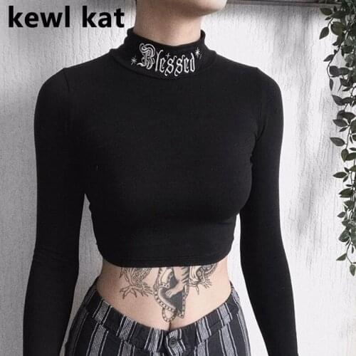 Embroidery Letter Turtleneck Basic Tops Gothic T shirts Women Black Long Sleeve Crop Tops Harajuku Solid Tops Female Streetwear