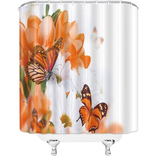 Flowers Butterfly Shower Curtains White Orange Beautiful Creativity Bathroom Decor Waterproof Polyester Fabric Home Bath Decor S