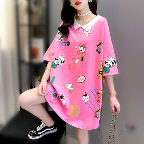 2 Side Wearing Summer New Women Cartoon Print Long Tees Cute Preppy Style Short Sleeve Casual Tees Oversized Tops Nice Tops NZ40
