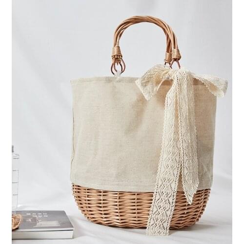 Women Casual Straw canvas stitching bag rattan portable canvas bag woven Shopping Bag