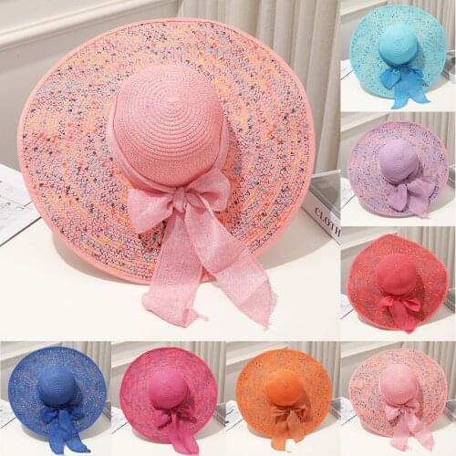 Women Wide Brims Sun Hat Summer Shading Beach Straw Cap Outdoor Solid Color Beautiful Big Bow Dense Flower Spots Sunshade Hat