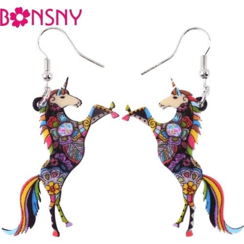 Bonsny Novelty Big Long Animal Acrylic Stud Dangle Drop Unicorn Horse Earrings 2017 News Style Novelty Jewelry For Girls Women