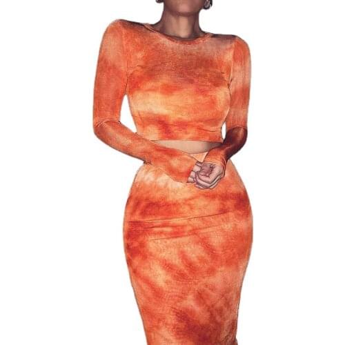 Bodycon Printed Two Piece Set Women Long Sleeve Top Midi Dress Women Casual Tie-dye Winter O-neck Slim Streetwear Sets