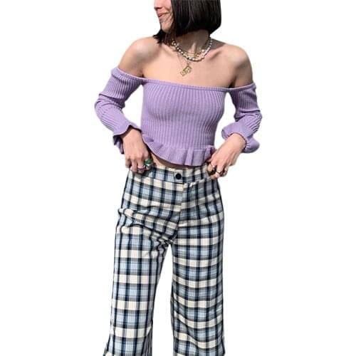 2021 New Womens Off Shoulder Crop Tops Long Sleeve Solid Color Rib Knit Ruffle Hem T-Shirts