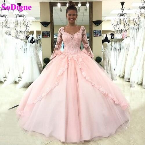 SoDigne Quinceanera Dresses 2020 V Neck Lace Appliques Flower Beading Sweet 15 Dress Ball Gown Prom Dress Celebrity Party Gown