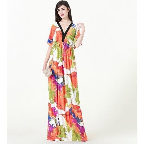 Abaya Dubai European American Summer bohemian long skirt ice silk bat sleeves V-neck plus size sexy dress Muslim dress