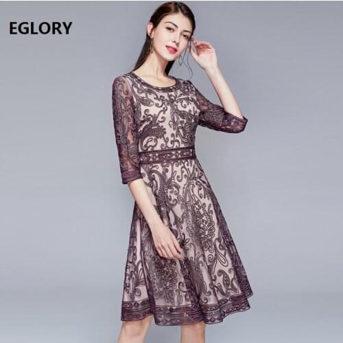 XXXXL Dress Vestidos 2020 Spring Summer Bride Mother Women O-Neck Allover Exquisite Embroidery Slim Fitted A-Line Dress 50s 60s