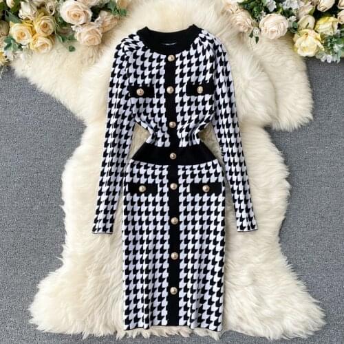 Womens Spring Autumn Dress New Retro Houndstooth Knitted Dress Korean Style Long-sleeved Slim Short Female Dresses LL103
