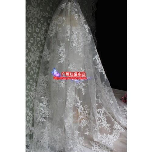 2 Yards 135cm Width Embroidered Jacquard Voile Mesh Sequin Lace Fabric Material for DIY Dresses and Bride Wedding Dresses