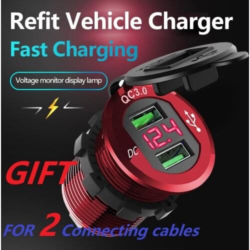 Car Charger Fast Charge USB3.0 DC 12/24V Digital Voltmeter Car Products Car Interior Parts Tools Gift For 2 Connecting Cables