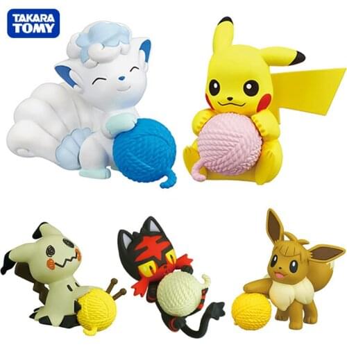TAKARA TOMY Pokemon Action Figure Gacha Pokemon Warm Toy Pikachu Litten Eevee and Yarn Ball Model