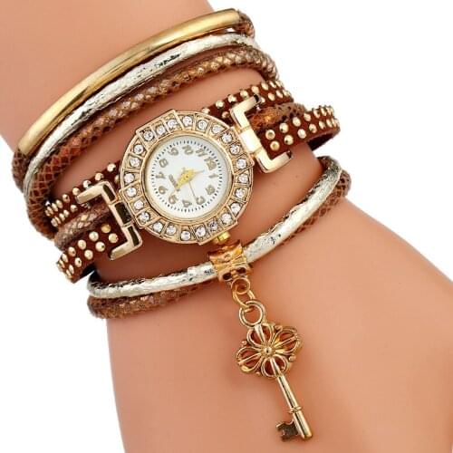 Gnova Platinum Fashion Strap Bracelet Women Watch Golden Key Charm Fabric PU leather dress quartz wristwatch Crystal Dial A961