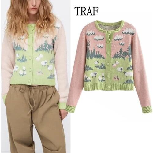 TRAF Za Knit Cardigan Woman Loose Streetwear Sweater Coat Cute Cartoon Print O Neck Long Sleeve Women Knit Cardigan For Women