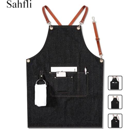 Multi-pocket Decor Pure Blue Denim Material Leather Shoulder Strap Overalls Sleeveless Apron Applicable Coffee Milk Tea Shop