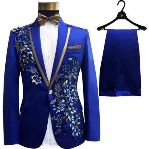 Three Costume Homme 2 Pieces Set Suits Mens Singers Perform Stage Show Sequins Embroidered Flower Red Blue Pink Wedding Suit