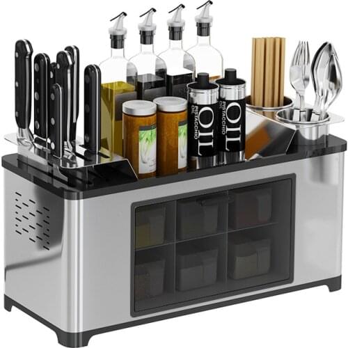 Stainless Steel Kitchen Spice Storage Rack with Seasoning Jars Storage Box Kitchen Organizer Holder for Flatware Set Knife Space