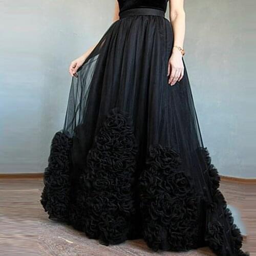 Pretty 3D Flower Black Tulle Skirts For Bridal To Photography A-line Long Tulle Skirts Women Zipper Custom Made Female Saias