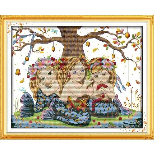 Joy Sunday Three Mermaid Chinese Cross Stitch Kits Ecological Cotton Clear Stamped Printed 11CT DIY Wedding Decoration For Home