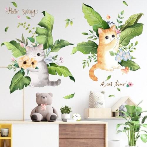 Cartoon Cat Banana Leaves wall Sticker Self Adhesive Bedroom Living Room Study Decorative Decal Removable