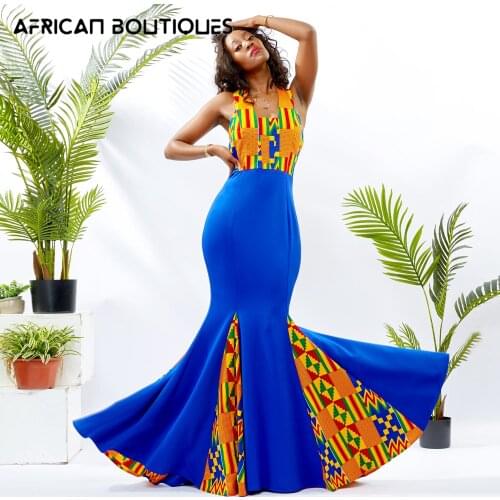 2021 African Womens New Womens Neck off Shoulder Fester Dashiki Print Stitched Fishtail Skirt Autumn African Evening Dress
