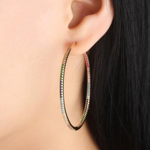 OMYFUN argolas em brincos Rainbow Color Crystal Paved Hoop Earring Feminina Semijoyas Women Fashion Jewelry Party Gift E013