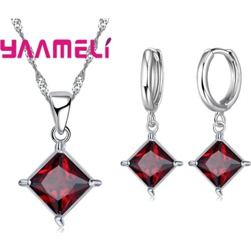Authentic 925 Sterling Silver Shiny CZ Geometric Classic Square Huggie Earrings Necklace Sets for Women Fine Jewelry