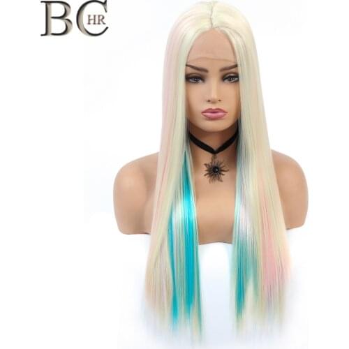 BCHR Long Straight 13*4 Lace Front Wig Synthetic Hair Fairy Princess Wig Colorful Rainbow Cosplay Ombre Wig for women