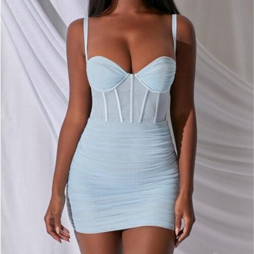 Sweet Sexy Mesh Ruched Skinny Slip Dresses Women Sleeveless V Neck Solid Slim Fit Club Party Holiday Fashion Elegant Mini Dress