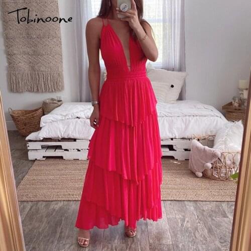 Tobinoone Deep V Neck Cascading Ruffle Long Pleated Dress Woman Spaghetti Strap Backless Sexy Dresses Female Red Elegant Dress