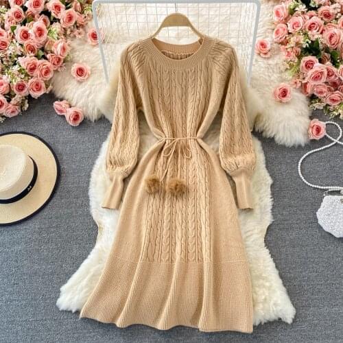 Autumn Winter Sweater Dress Women Solid Round Neck Full Sleeve Slim A-line Midi Dress Sash Lace up Korean Female Knitted Dress