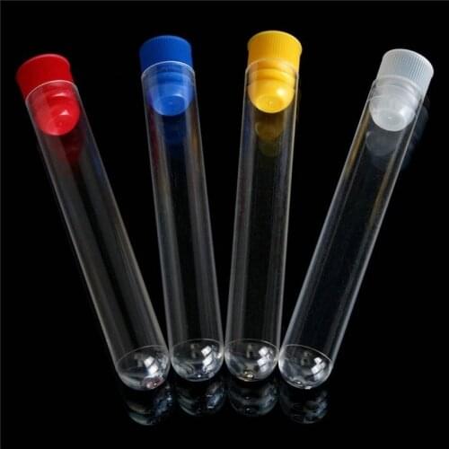 50/100pcs Length 60mm to 150mm Clear Plastic Test Tubes with plastic blue/red stopper push cap for experiments