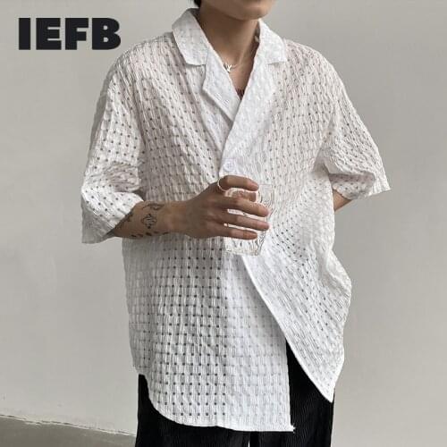 IEFB See Through Plaid Pattern Luxury White Black mens Shirts 2021 New Summer Fashion Suit Collar short sleeve Oversize Shirt