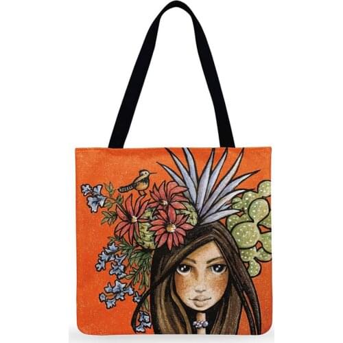 Foldable Shopping Bag Retro Girl Oil Painting Print Tote Bag For Ladies Shoulder Bag Women Casual Tote Outdoor Beach Bags
