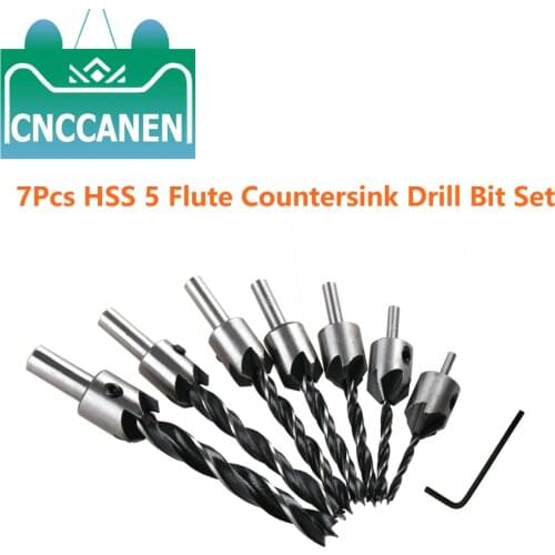 7PCS 3-10mm HSS 5 Flute Countersink Drill Bit Set Screw Woodworking Chamfer Tool Woodworking Drill 3,4,5,6,7,8,10mm l + Wrench