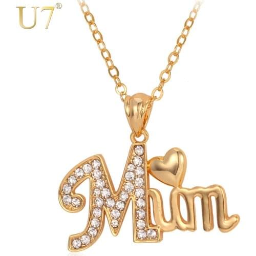 U7 Brand Mothers Day Gift Pendants & Necklaces Wholesale Silver/Gold Color MUM Letters Heart Rhinestone Women Jewelry P3109