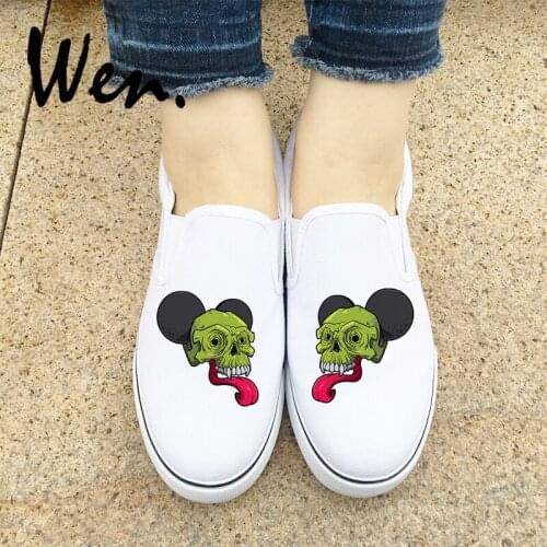 Wen Original Design Green Skull Big Ears Long Tongue Slip On Canvas Women Flats White Black Men Light Shoes Low Sneakers