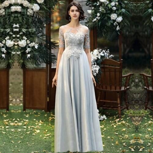 Prom Dresses Long 2020 Ladybeauty Elegant Long o-neck Tulle Lace Applique A-line Hot Selling Vestidos De Graduacion