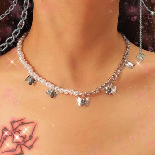 Y2K Jewelry Pearl Chain Stitching Butterfly Necklace for Women Beads Vintage Bohemian Harajuku Necklace Charms 90s Aesthetic