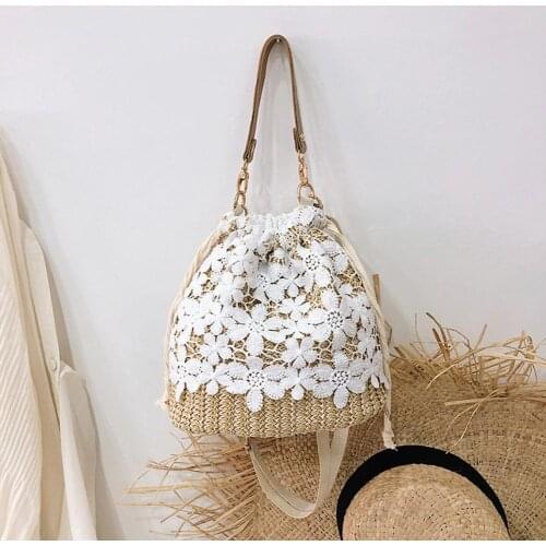 2021 Elegant Women Flower Lace Straw Bags Handmade Rattan Bucket Shoulder Bags Female Handbags Ladies Summer Beach Crossbody