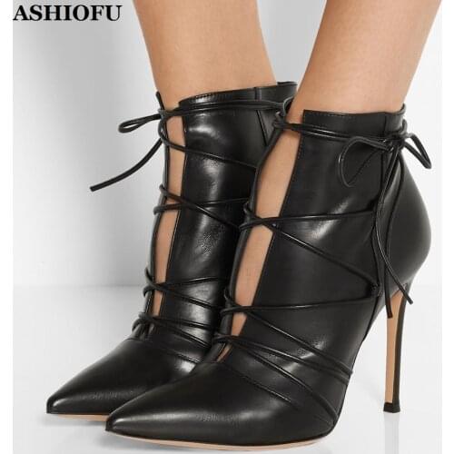 ASHIOFU New Hot Sale Handmade Womens High Heel Boots Shoelace Autumn Party Prom Ankle Boots Evening Club Fashion Short Boots