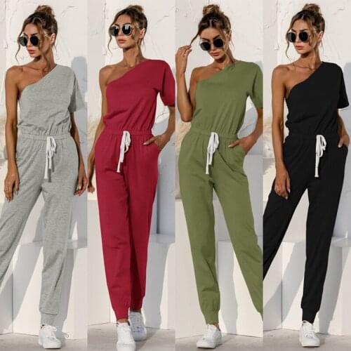 Women Off Shoulder Jumpsuits Oblique Collar Short Sleeve Mid Waist Slim Pants Drawstring Design Pockets Decor Casual Trousers