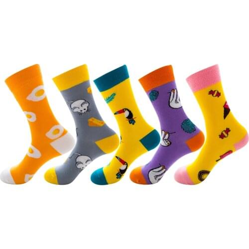 Women Combed Cotton Socks Funny Happy Novelty Long Crew Socks Beatles Rock Crazy Fun Funky Skateboard Socks Colorful Yellow Sox