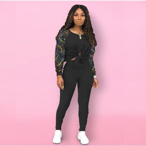 Splash Ink Print 2 Piece Set Jogging Suit for Women Long Sleeve Tied Up Crop T-shirts and High Waist Legging Activewear Outfit